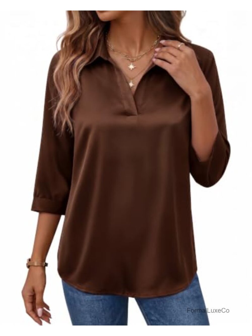 Satin Tunic Top V Neck 3/4 Sleeve Blouse Business Casual
